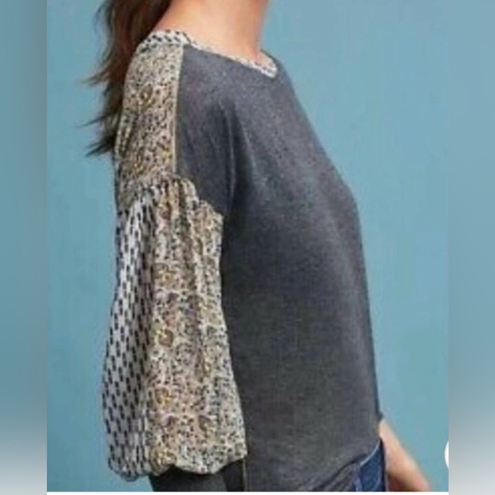 Anthropologie Timy Charcoal Top with Patterned Sleeves - Picture 2 of 12